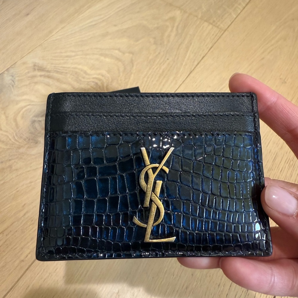 Saint Laurent Cassandre Card Case in Shiny Crocodile-embossed Leather